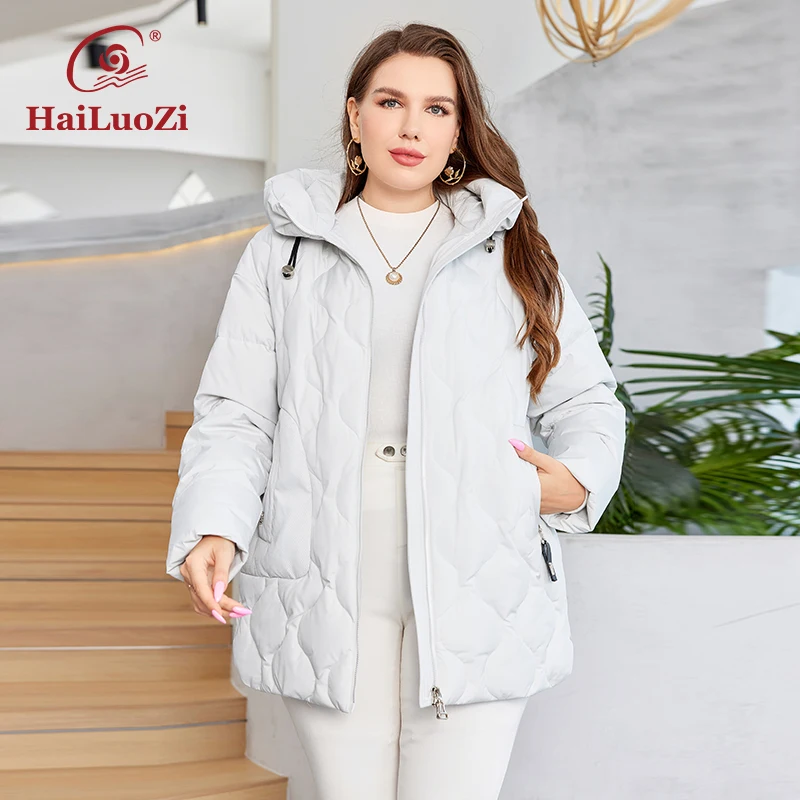 HaiLuoZi 2023 New Plus Size Winter Down Jacket Short Zipper Quilted Design High-quality Solid Color Hooded Warm Coat Women 1150