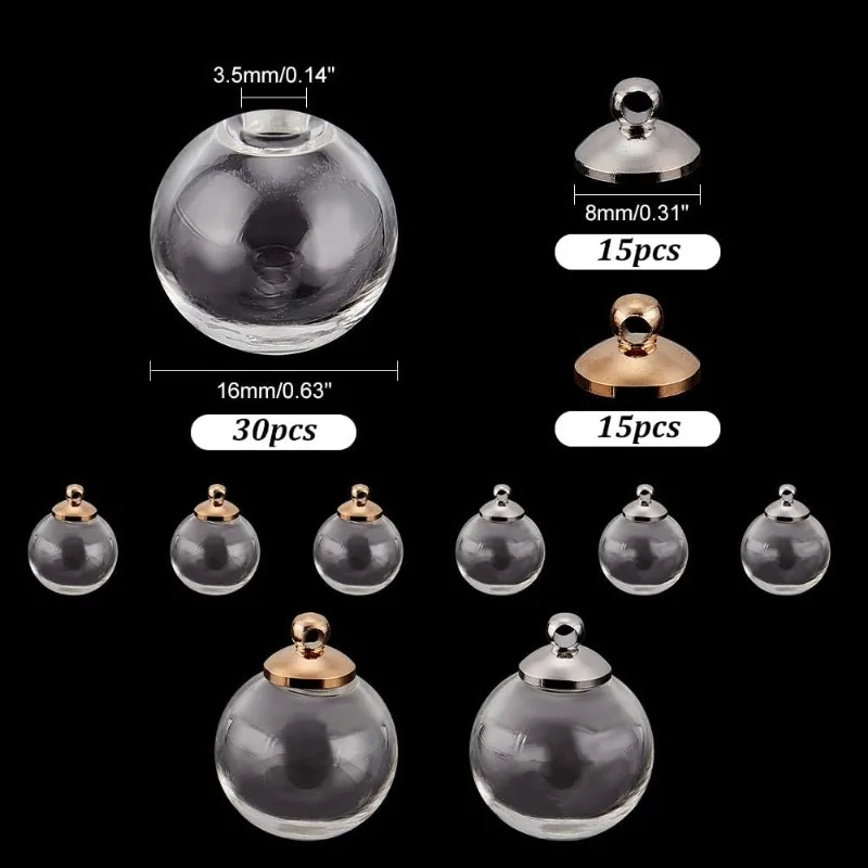 30pcs 16mm Mini Clear Glass Globe Bottle Mini Clear Ornaments Wish Glass Ball Bottles Hanging Fillable Ball Vial Charm