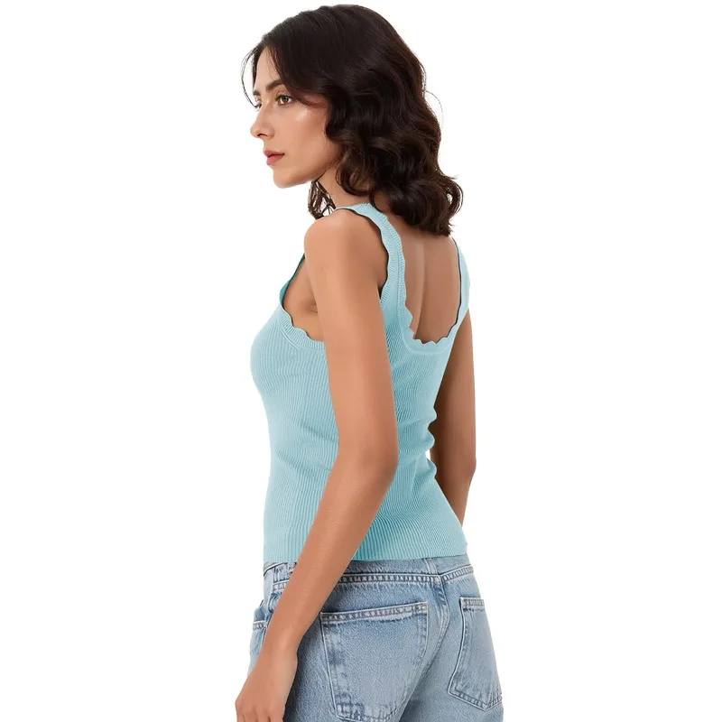2026 AliExpress Foreign Trade Cross-border European and American U-neck Vest Sleeveless Lace Ribbed Knitted Summer Sweater Vest