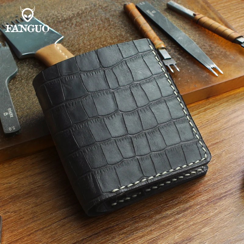 With Crocodile Pattern Short Wallet Handmade Genuine Leather Credit Card Holder Money Bag Thin Male Purse Walet