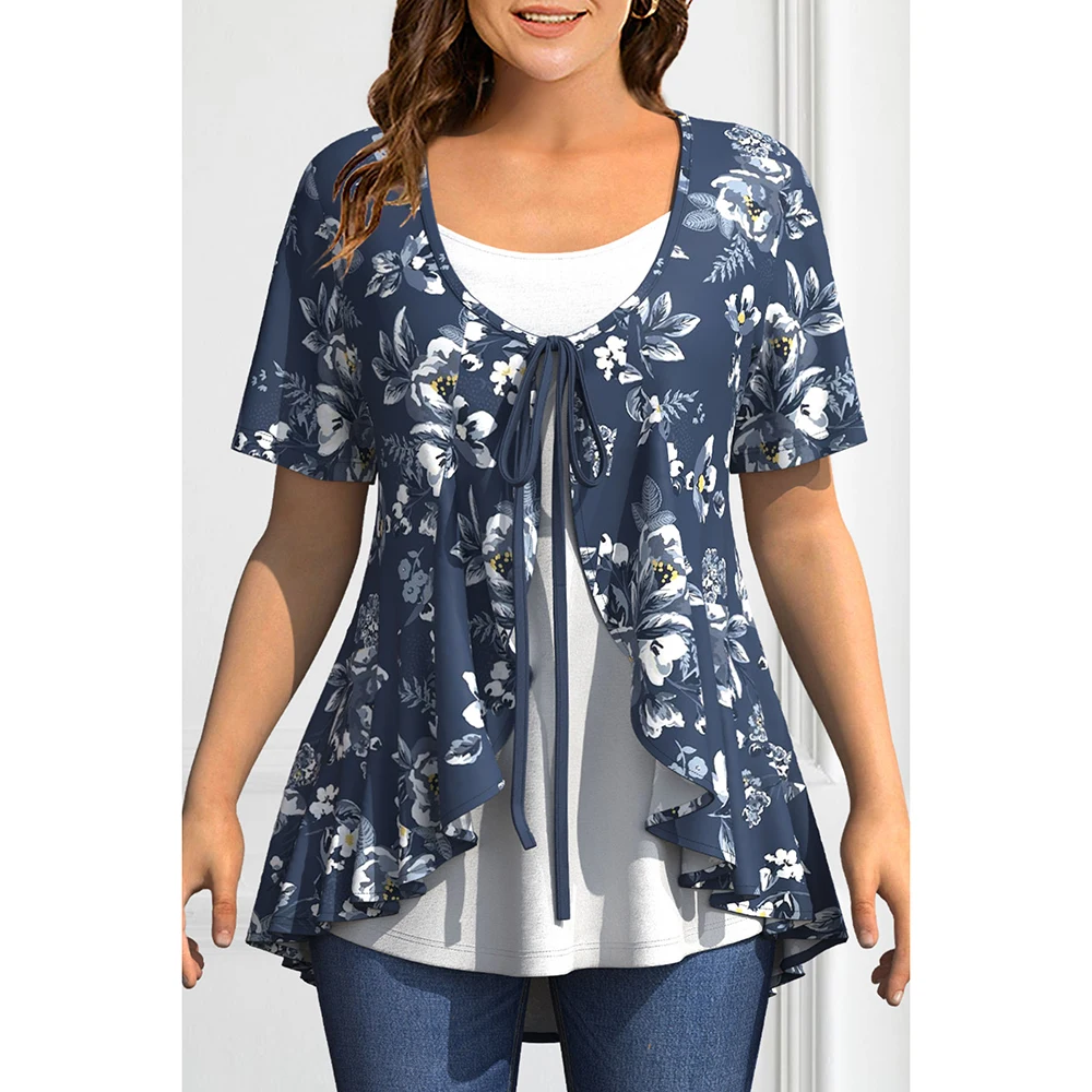 

Elegant Floral Printed Women's Blouse Round Neck Lace-up Ruffle Fake Two-Piece Top Short Sleeves Summer 2025 New Casual Shirts
