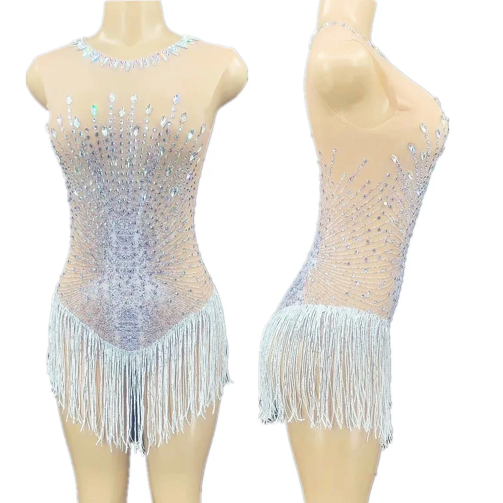 Perspectiva sem mangas borla macacão brilho incrustado diamante frisado feminino bodysuit cantor dança palco wear boate outfit