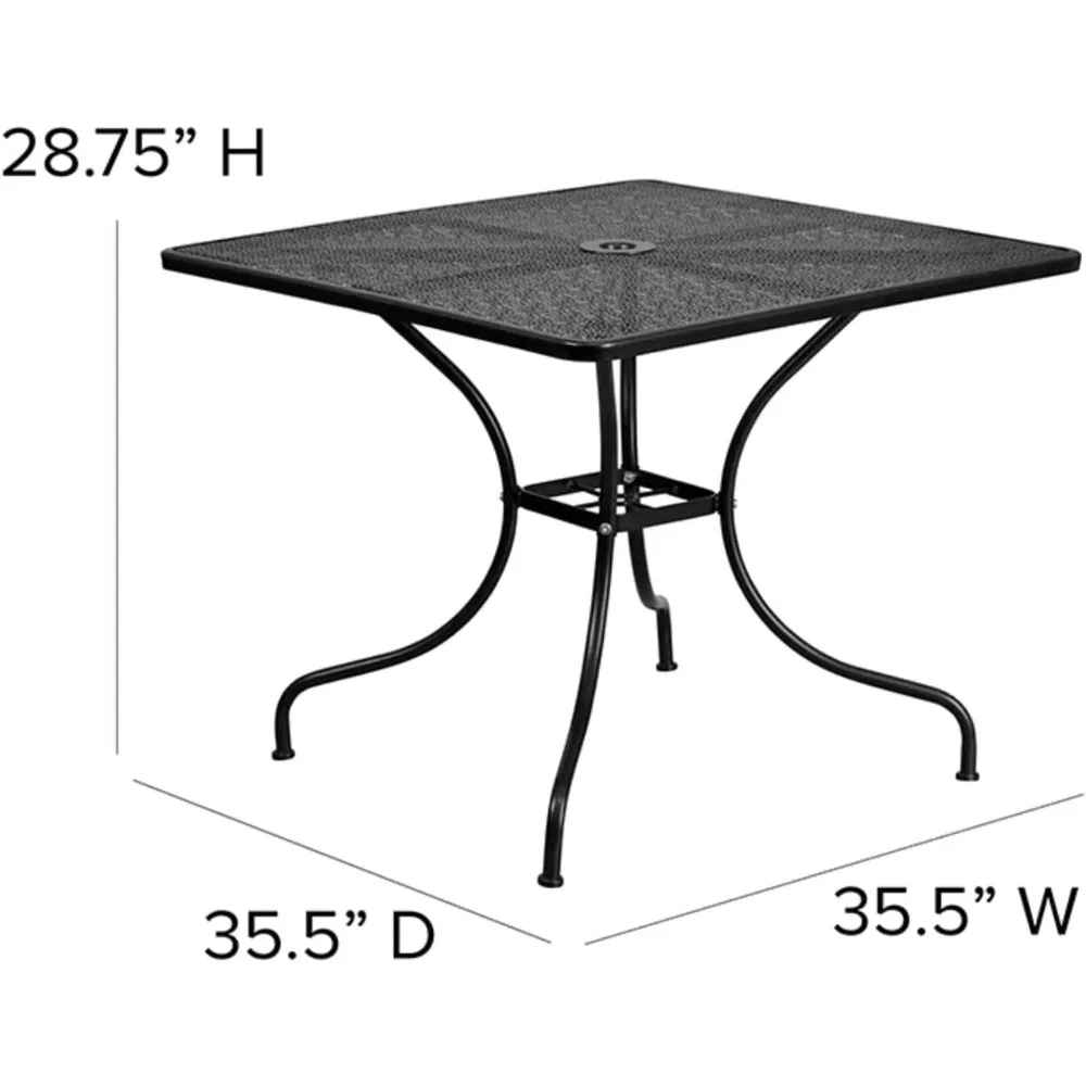 Flash Furniture Oia طاولة فناء فولاذية مربعة سوداء اللون للاستخدام الداخلي والخارجي مع فتحة مظلة