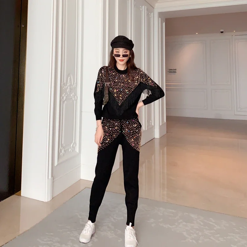 

Женский повседневный вязаный спортивный костюм, ручной свитер с длинными рукавами и кисточками из бисера, длинные брюки-карандаш, женские черные вязаные комплекты