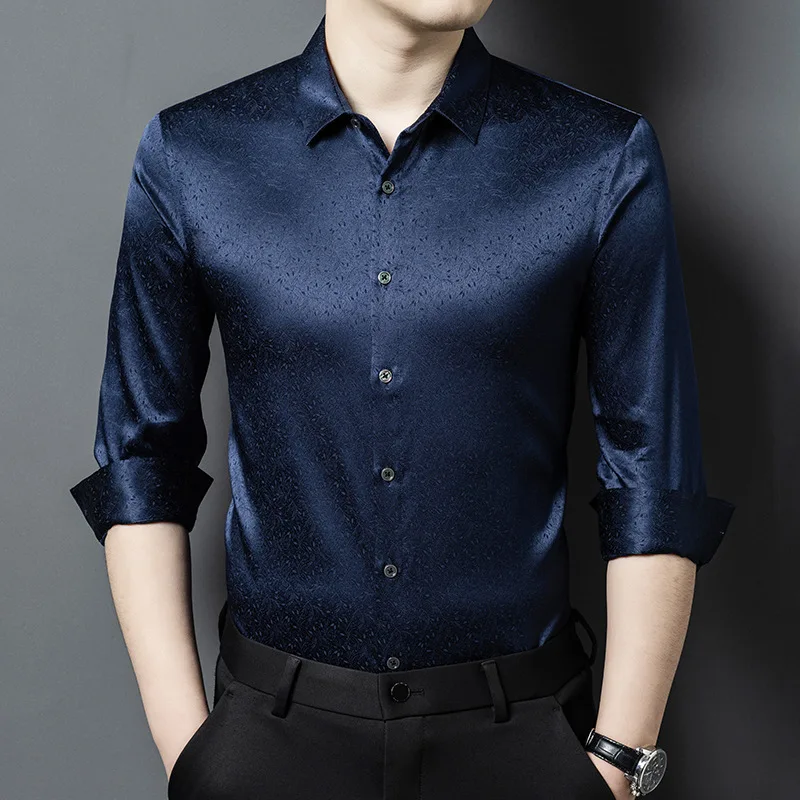 

High Quality Real Silk Men's Light Luxury Long-Sleeved Shirt Youth Business Casual Thin All-Match Top Fashion