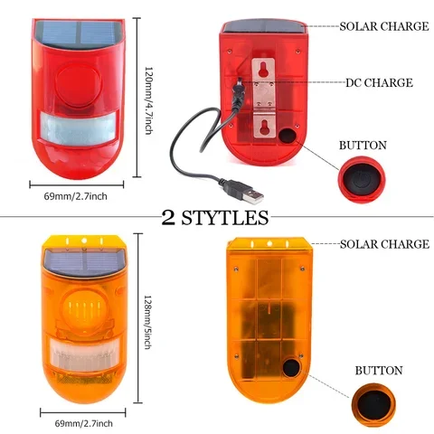 Recarregável LED Solar Security Light, Alarme para emergência doméstica, Sensor de movimento PIR, Luz de advertência, 129 Decibels Alert