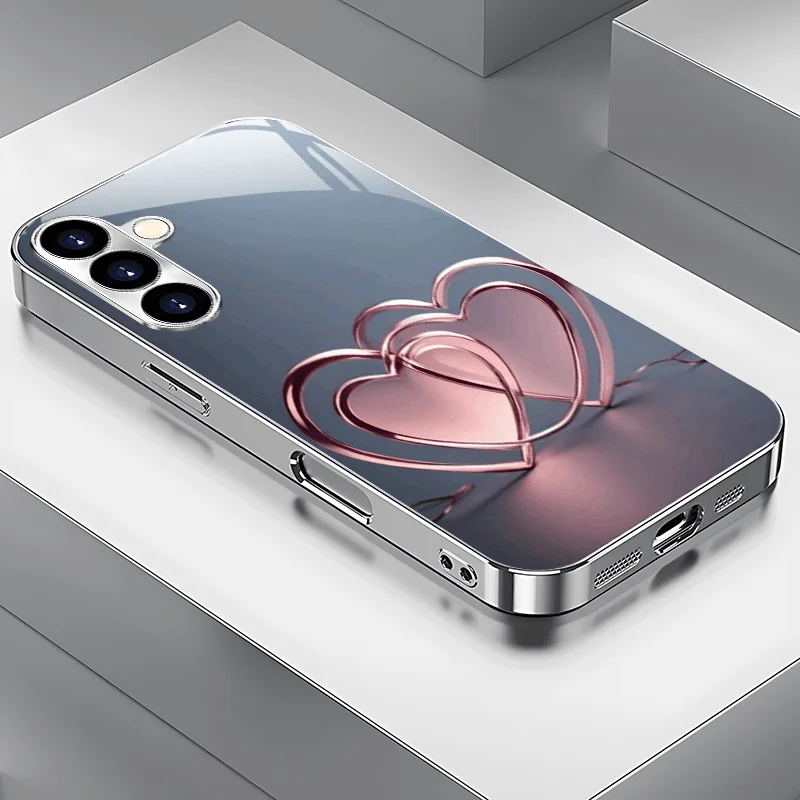 

Creative Interlocking Heart Pattern Electroplated Silver Tempered GlassPhone Case for Galaxy S26/S25/S24/S23/S22/S21/S20/Note