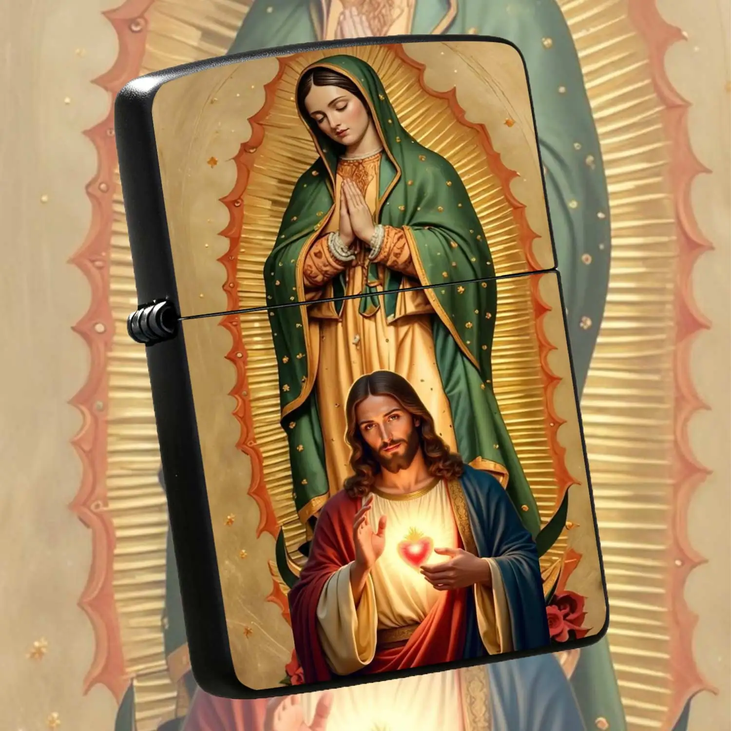 Reusable Flip-top Pocket Metal Windproof Lighter, Our Lady of Guadalupe and Sacred Heart of Jesus Themed Creative Lighter, Retro Textured Body, Portable and Durable, Suitable for Daily Use, and Gifting, Personalized Portable Igniter