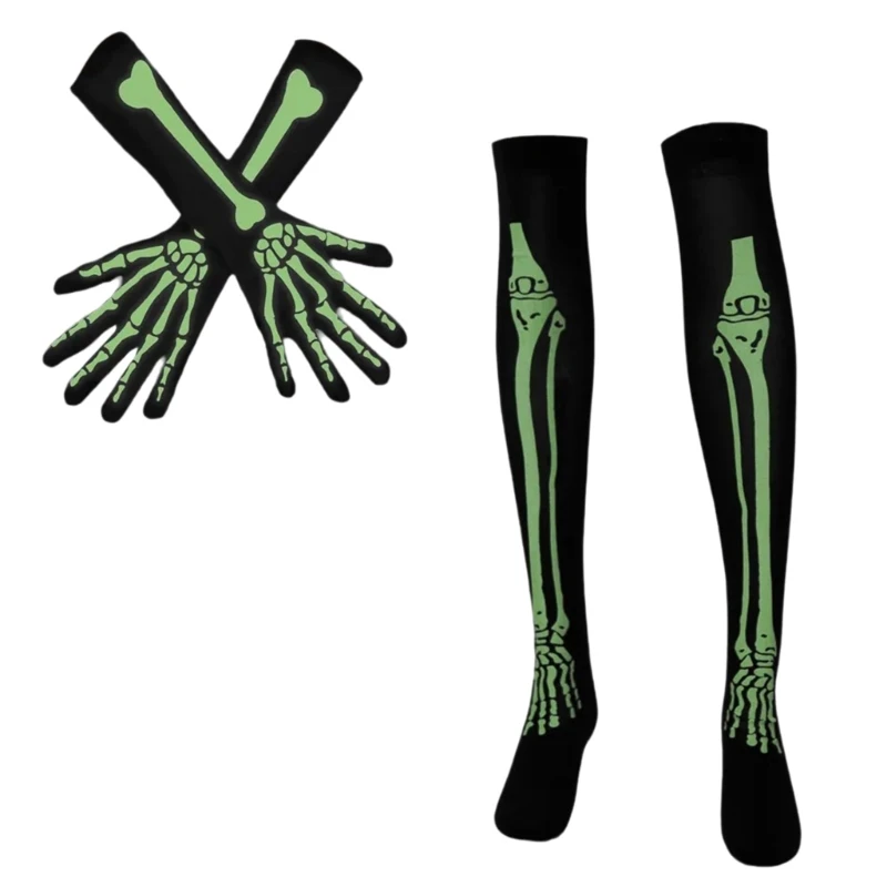 

Luminous Skeleton Hand Gloves and Knees High Socks Skeleton Gloves Tights Horrible Stocking Socks Halloween Accessories