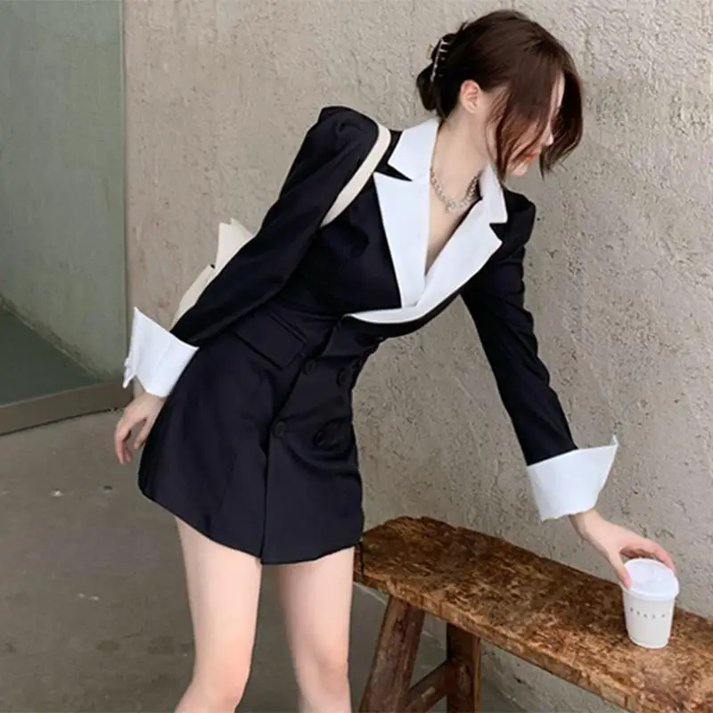 New Blazers for Women Spring Autumn Office Lady Patchwork Suit Dress 2023 Korean Graceful Black Double Button Long Jacket Female