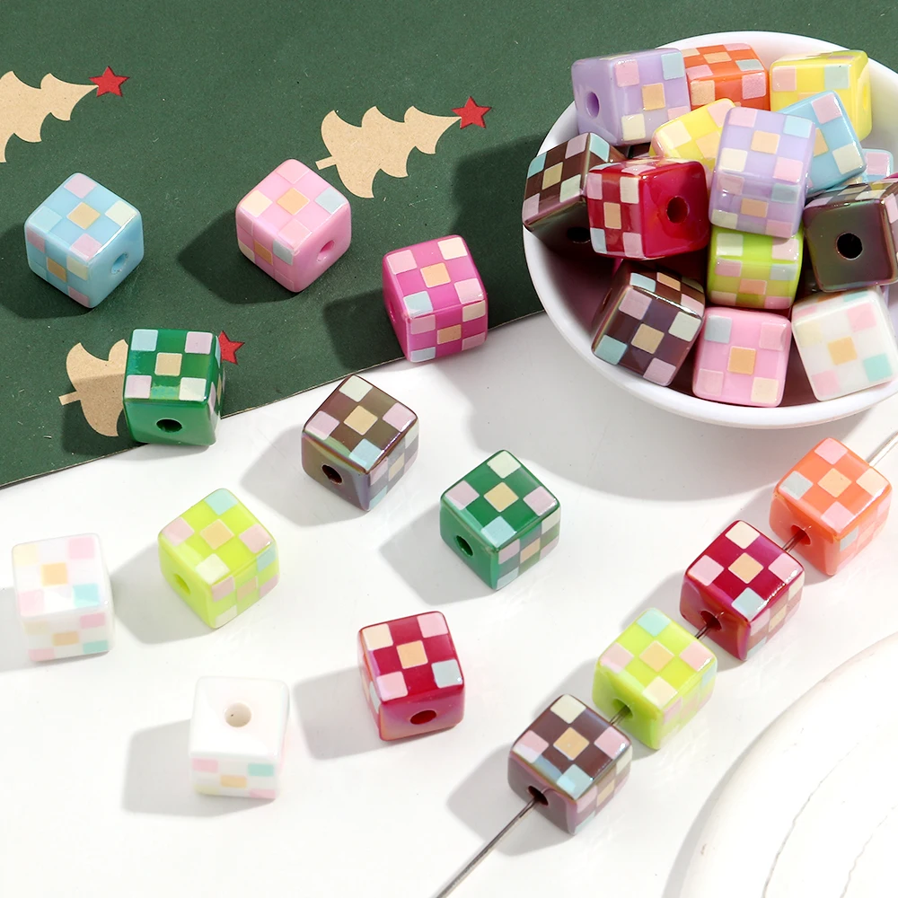 10Pcs Colorful Plaid Acrylic Print 14mm Square Loose Spacer Beads for DIY Christmas Jewelry Keychain Craft Ornament Accessories