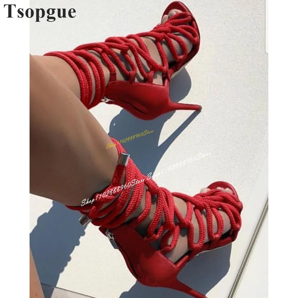 Stylish Red String Net Casual Sandals Thin High Heel Shoes For Women Back Zipper Open Toe 2024 Fashionable Zapatos Para Mujere