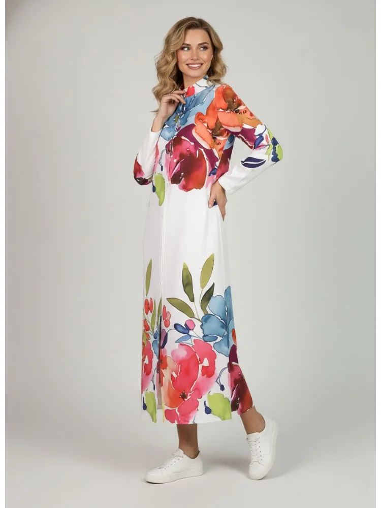 2026 Spring New Women's Casual Art Maxi Dress Floral Print Lapel Collar Long Sleeve Buttoned Shirt Dress Loose Fit Casual Dress