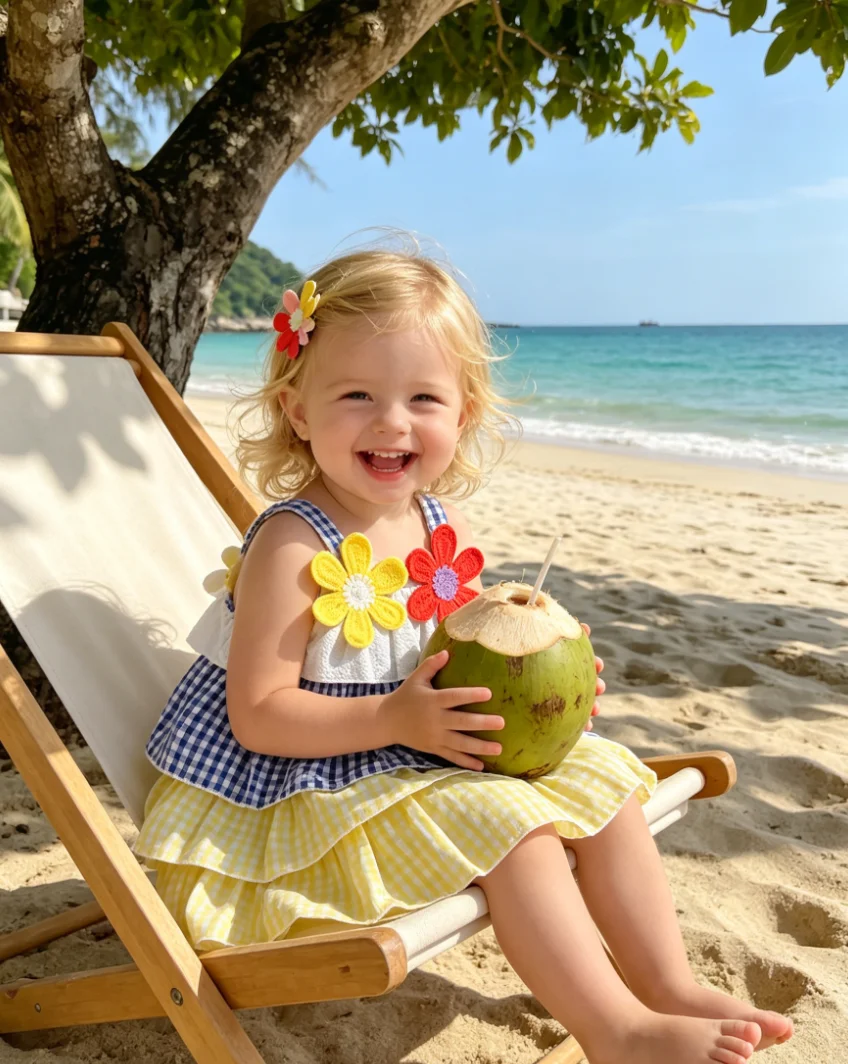Girls Summer Beach Dress Sling Plaid Layered Cake Skirt Crochet Big Flower Kids Holiday Vacation Outfits