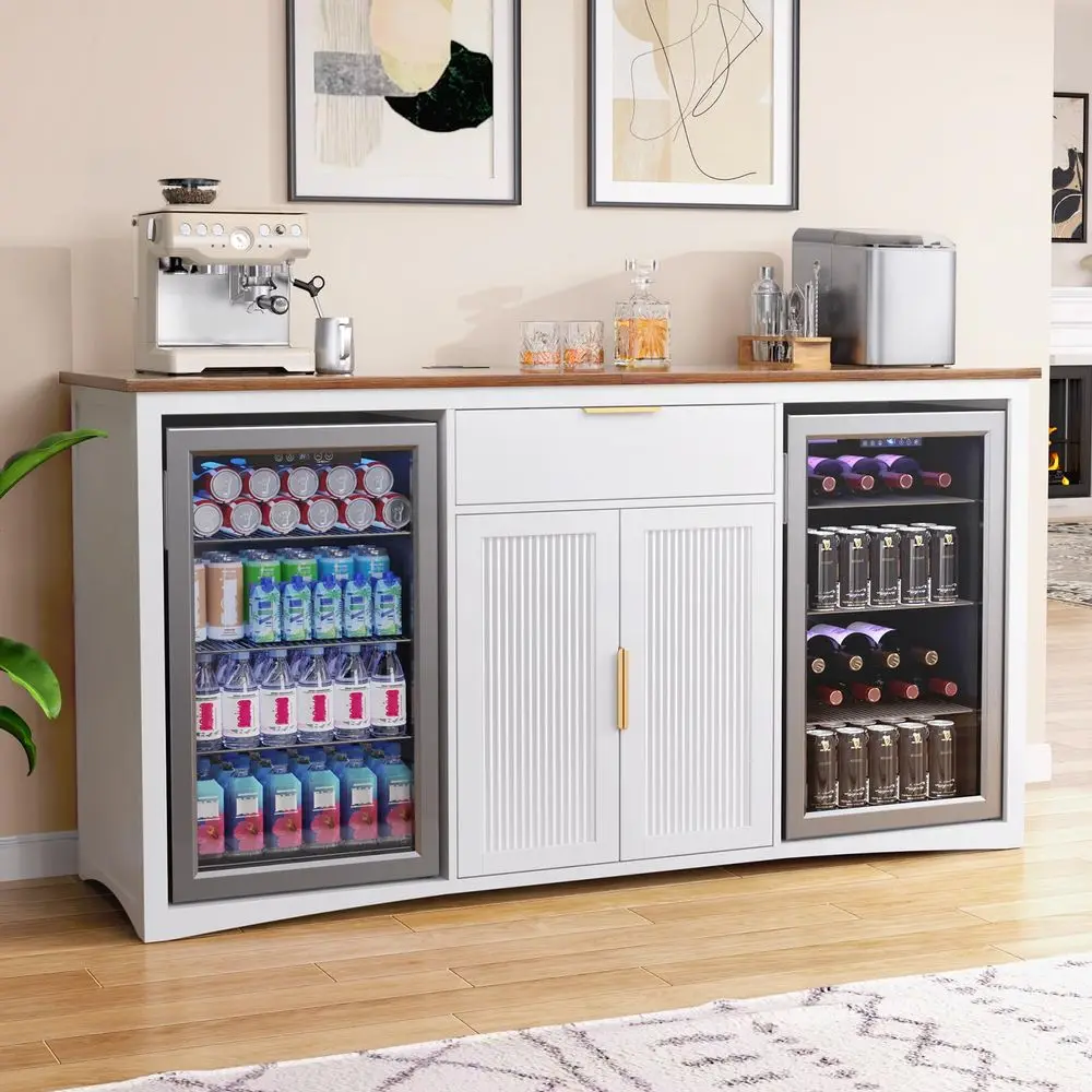 

70.1 Long Coffee Bar Cabinet with Fridge Space, Modern Wine Liquor Cabinet with Storage amp Power Outlet, Buffet Sideboard with