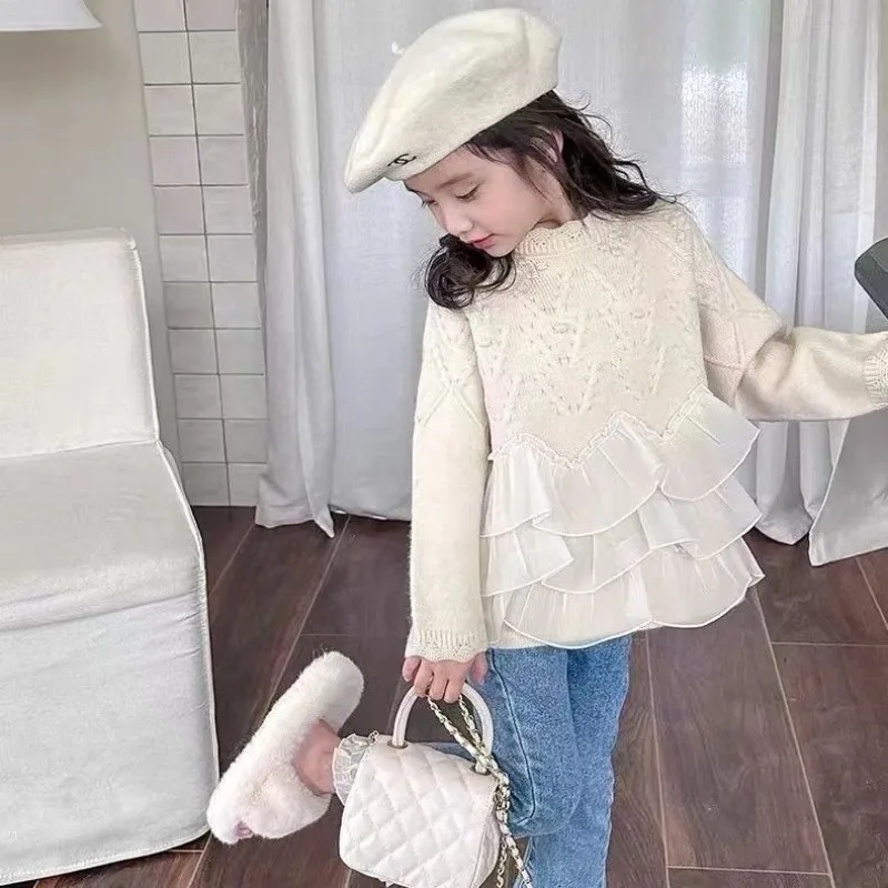 Abbigliamento per bambini ragazze principessa pizzo Patchwork maglione 2023 autunno e inverno nuovo addensato Kuit Casual Pullover Top