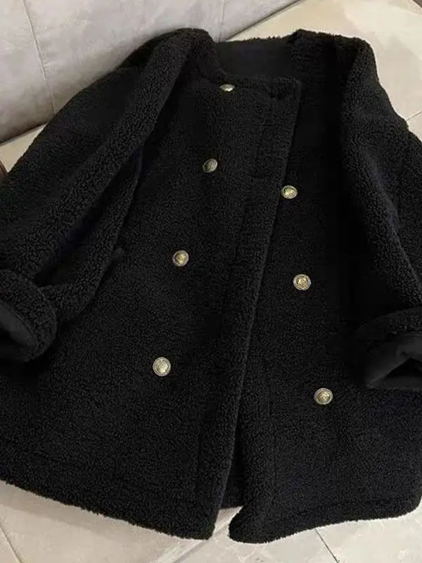 

2025 New Korean Sle Lazy Faion Thiened Bla Lamb Fur Jaet Women's Autumn Winter Warm Versatile Fluffy Outerwear