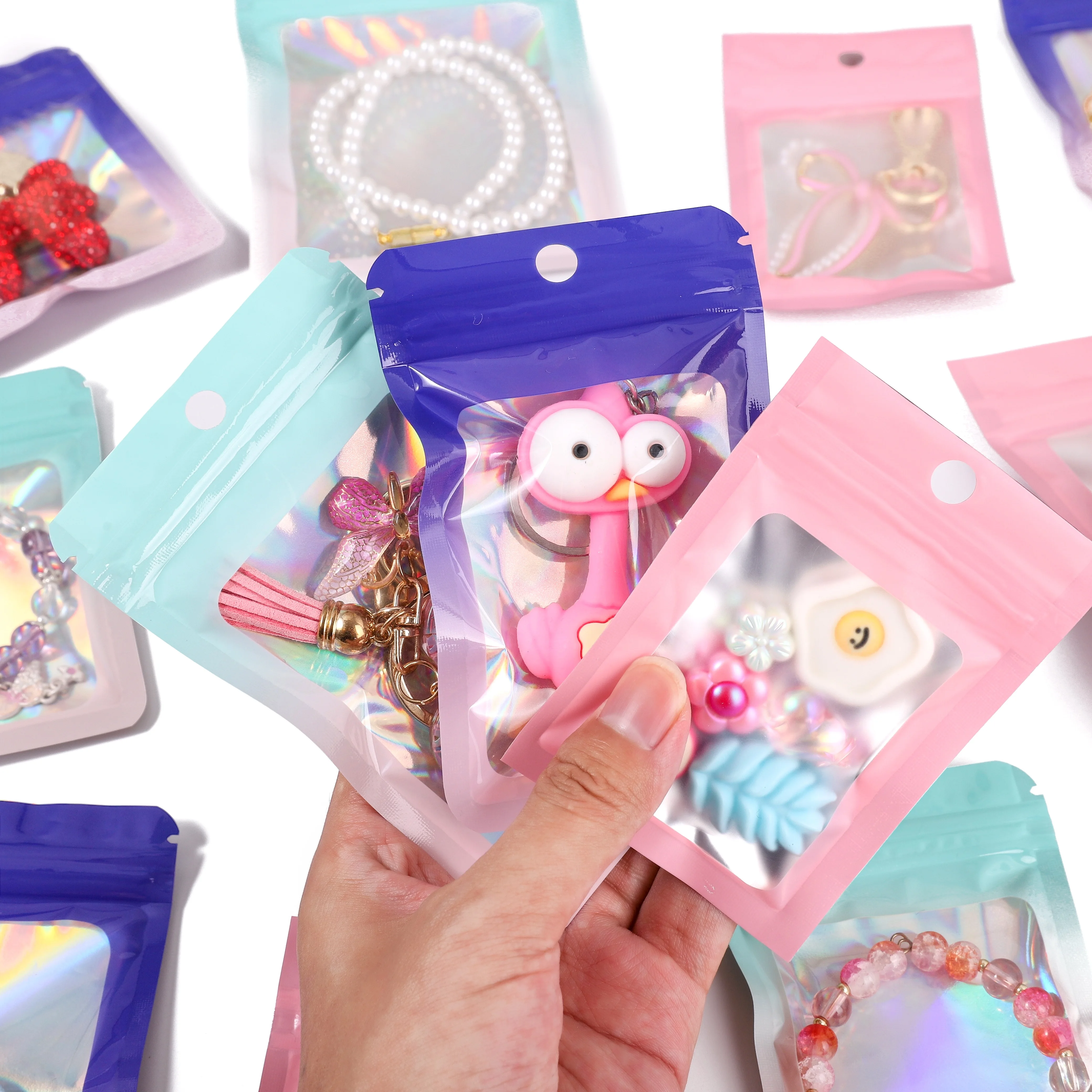 50Pcs Gradient Gradient Laser Holographic Hole Resealable Zipper Bags Self Seal Jewelry Packaging Bags Display Storage Pouches
