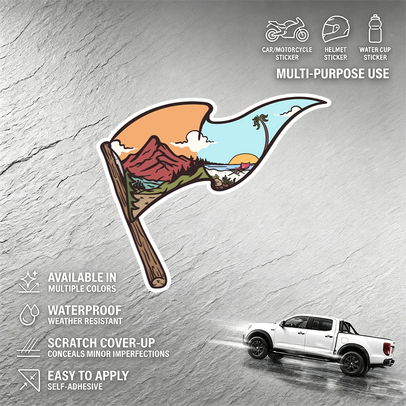 Waterproof durable vinyl decal featuring split flag mountain and beach sunset for car decoration