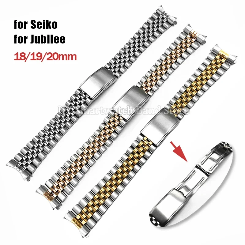 Curved End Metal Watch Strap 18mm 19m 20mm 21mm for Seiko Stainless Steel Wrist Band for Jubilee Bracelet Folding Buckle Strap