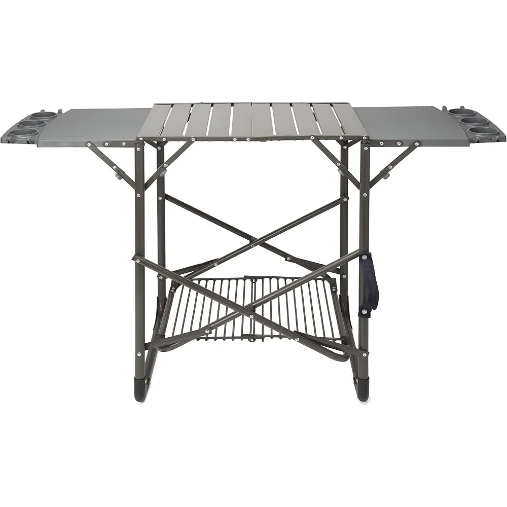

Portable Folding Grill Table with Side Tables, Cup Holders, and Storage Shelf for BBQs and Camping
