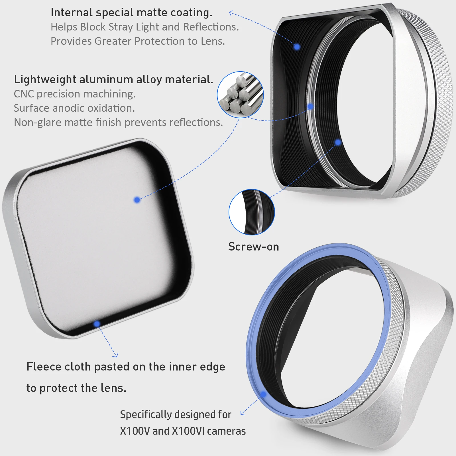 Haoge quadrado lente de metal capa sombra com tampa e 49mm adaptador anel para fuji fujifilm x100v x100f x100s x100t x70 câmera prata