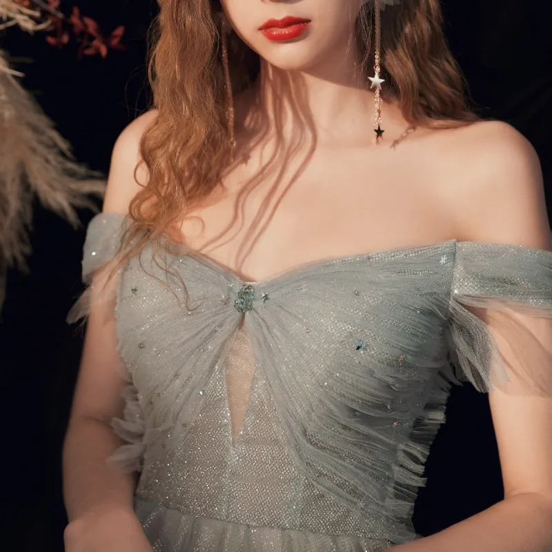 

Light Gray Green Evening Dresses Banquet Temperament Bride 2025 New Tube Top Fluffy Strap Sleeveless Back Formal Women Elegant