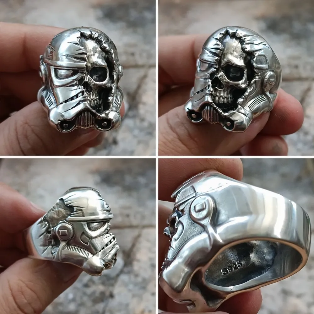 LINSION Half Face Skull White Warrior Ring 925 Sterling Silver Mens Punk Ring TA311 US Size 7~16 BZ