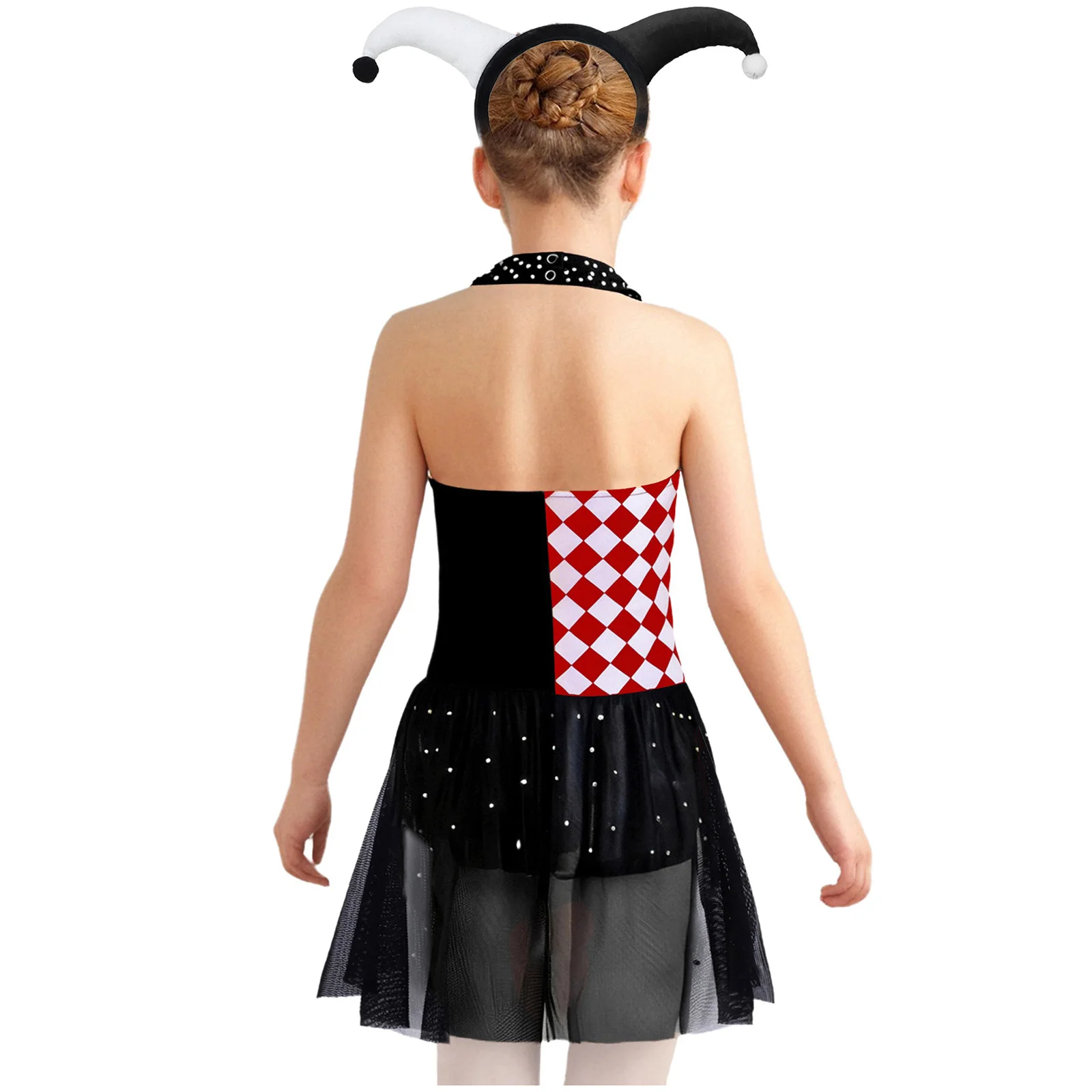 Kids Girls Halloween Circus Clown Costume Carnival Party Jester Dress Up Rhinestone Sleeveless Mesh Jumpsuit And Clowns Headwear