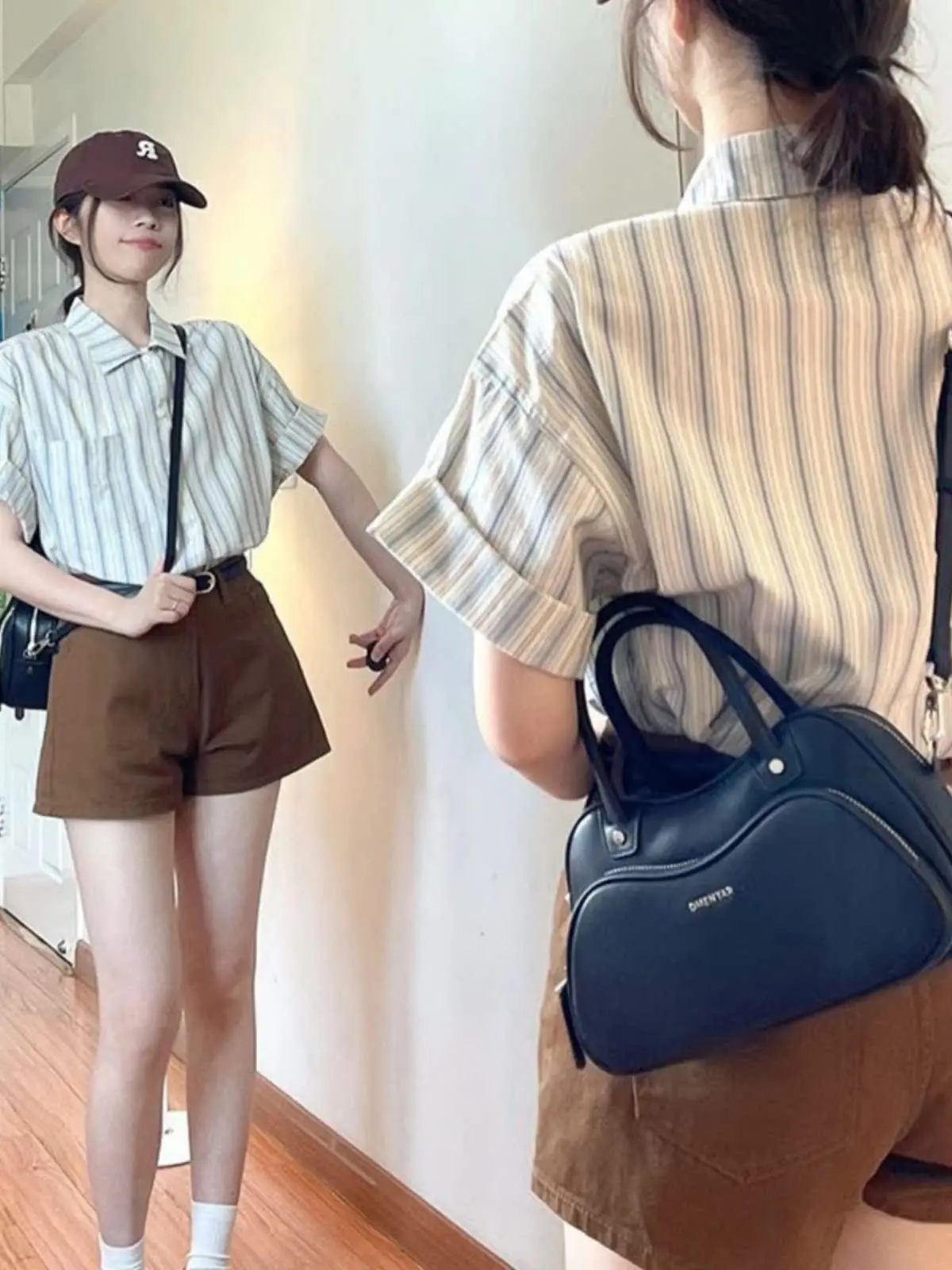 

Striped Shirt Women's Preppy Style Ageless Korean Retro Versatile Layering Loose Design Summer Short Sleeve Collar Strai...