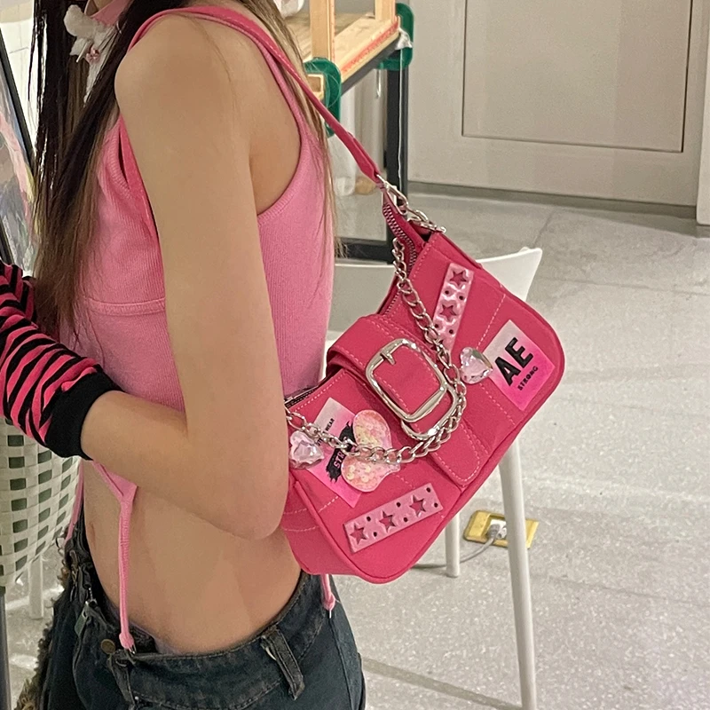 Y2k Pink Sweet Cute Handbags Fashion Women's Shoulder Bag Harajuku Cool Girls Underarm Bag Retro Design Female Chain Tote Purses