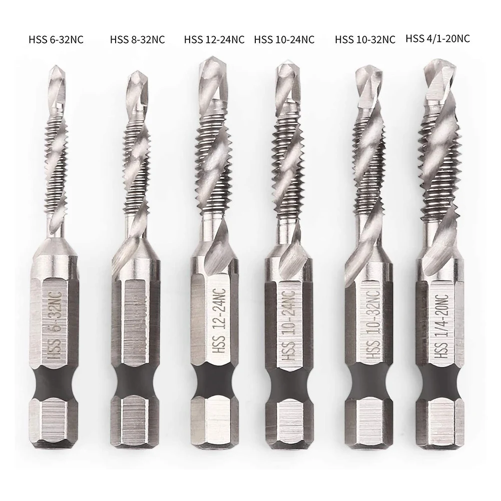 6Pcs Drill Tap Set Hex Shank SAE Combination Drill and Tap Bit Set HSS 4341 Screw Tap Deburr Drill Bit