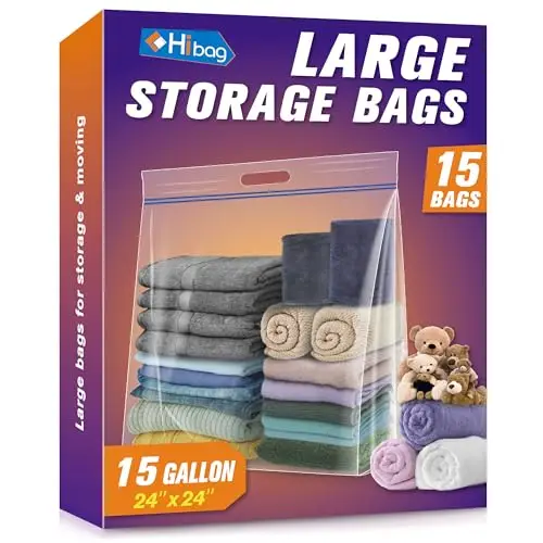 

Большие мешки для хранения HIBAG объемом 15 галлонов, прозрачные многоразовые пакеты с ручкой, размер 24 x 24 дюйма, особо прочные, размера XL, для одежды и подушек.