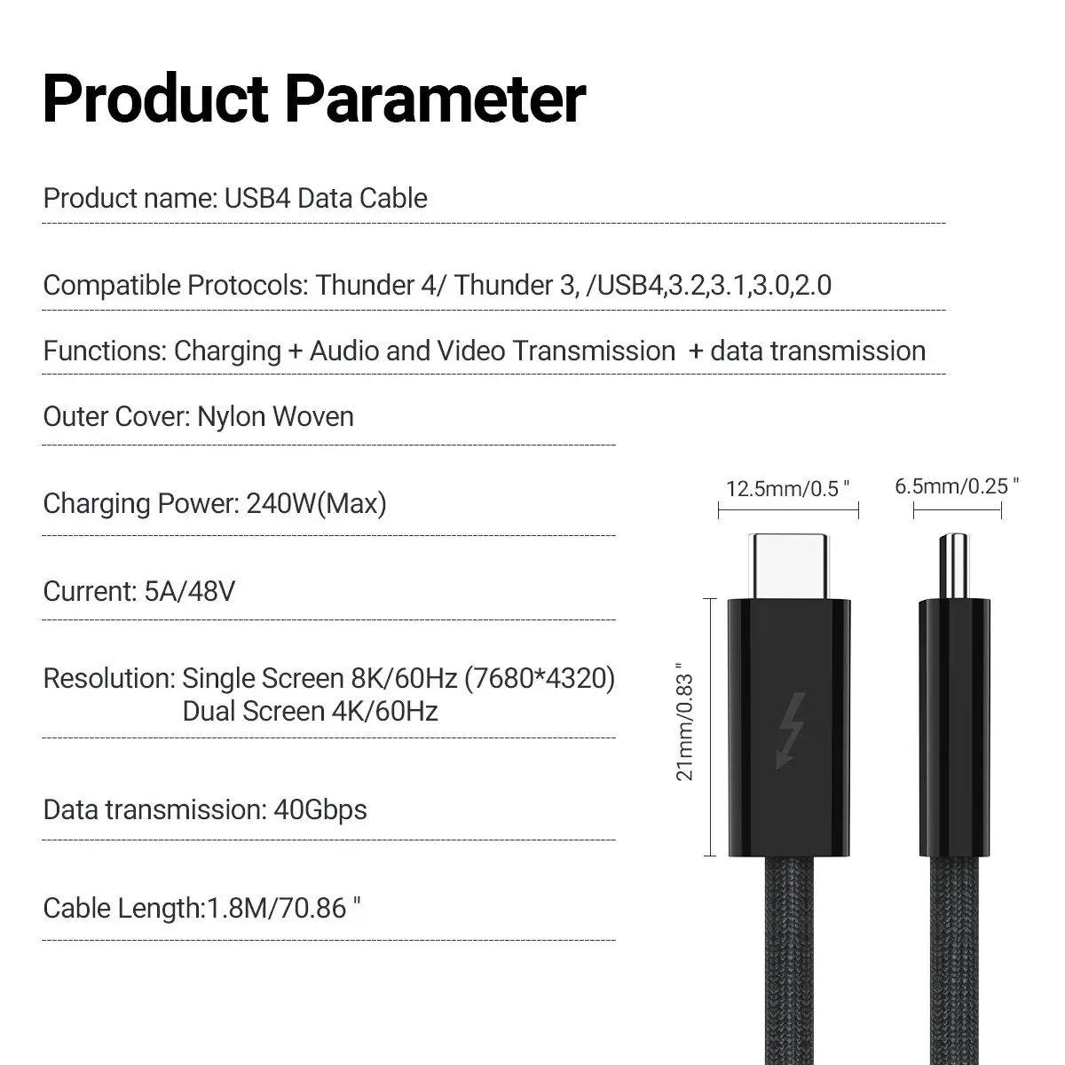 USB 4.0 Type-C Data Cable 240W Fast Charging Cable with 40Gbps Speed 8K HD Video Support Thunderbolt 3/4 for Phone Switch iPad