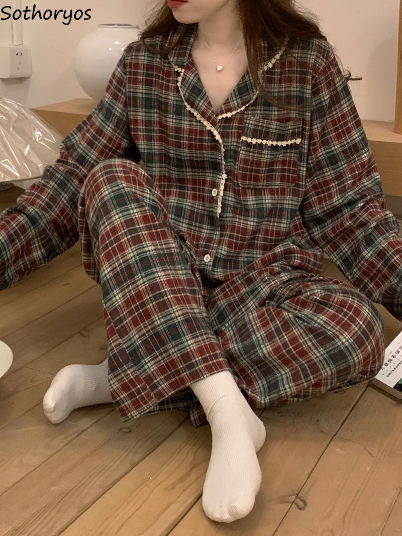 

Pajama Sets Women Plaid Ins Style Chic Students Trendy Homewear Harajuku Vintage Daily Turn-down Collar Autumn Korean Fashion