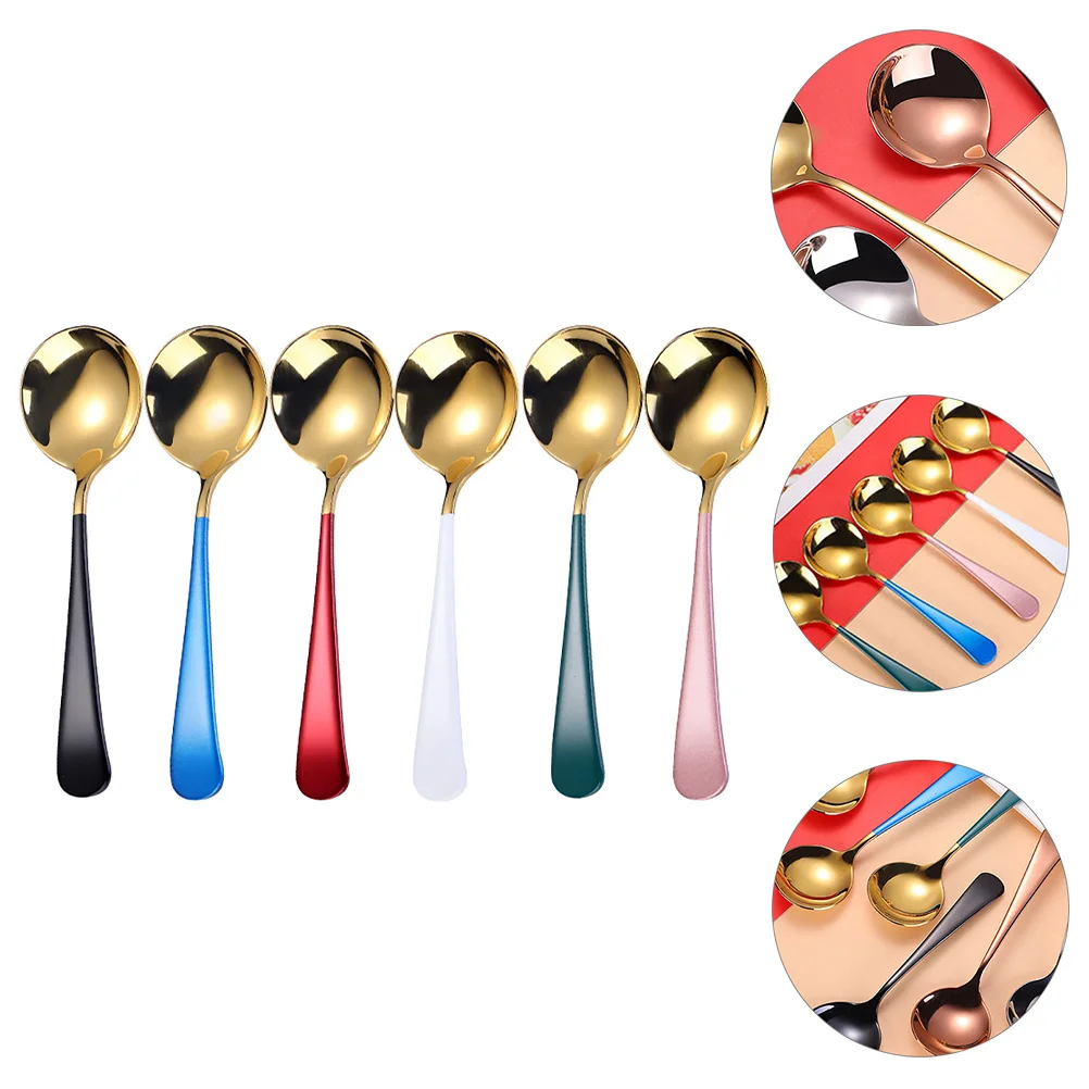 

6pcs Stainless Steel Soup Scoop Ice Cream Tea Coffee Cocktail Spoon Set Round Dessert Vintage Home Tableware Kitchen Bar Tool