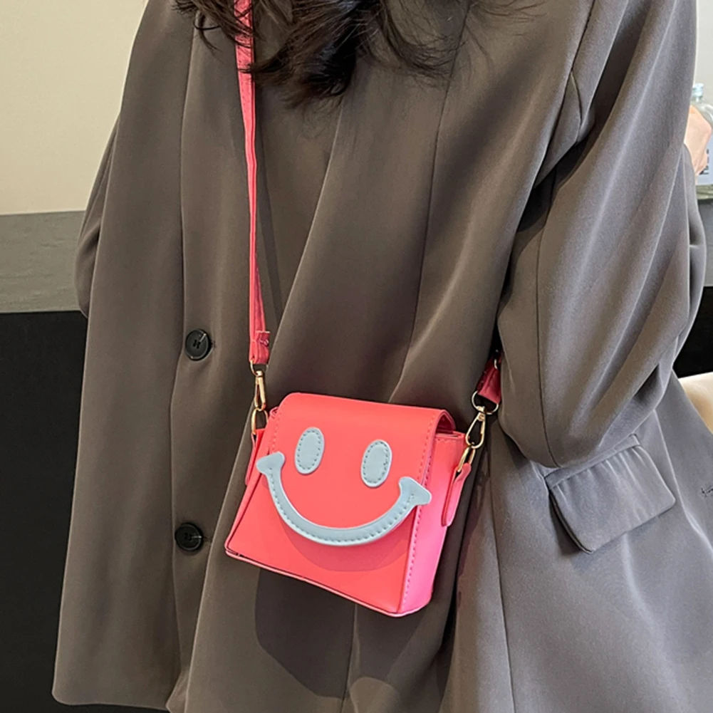 Women Smiling Face Bag PU Leather Mini Crossbody Bag Contrast Color Cartoon Shoulder Bag Female Summer Daily Bag