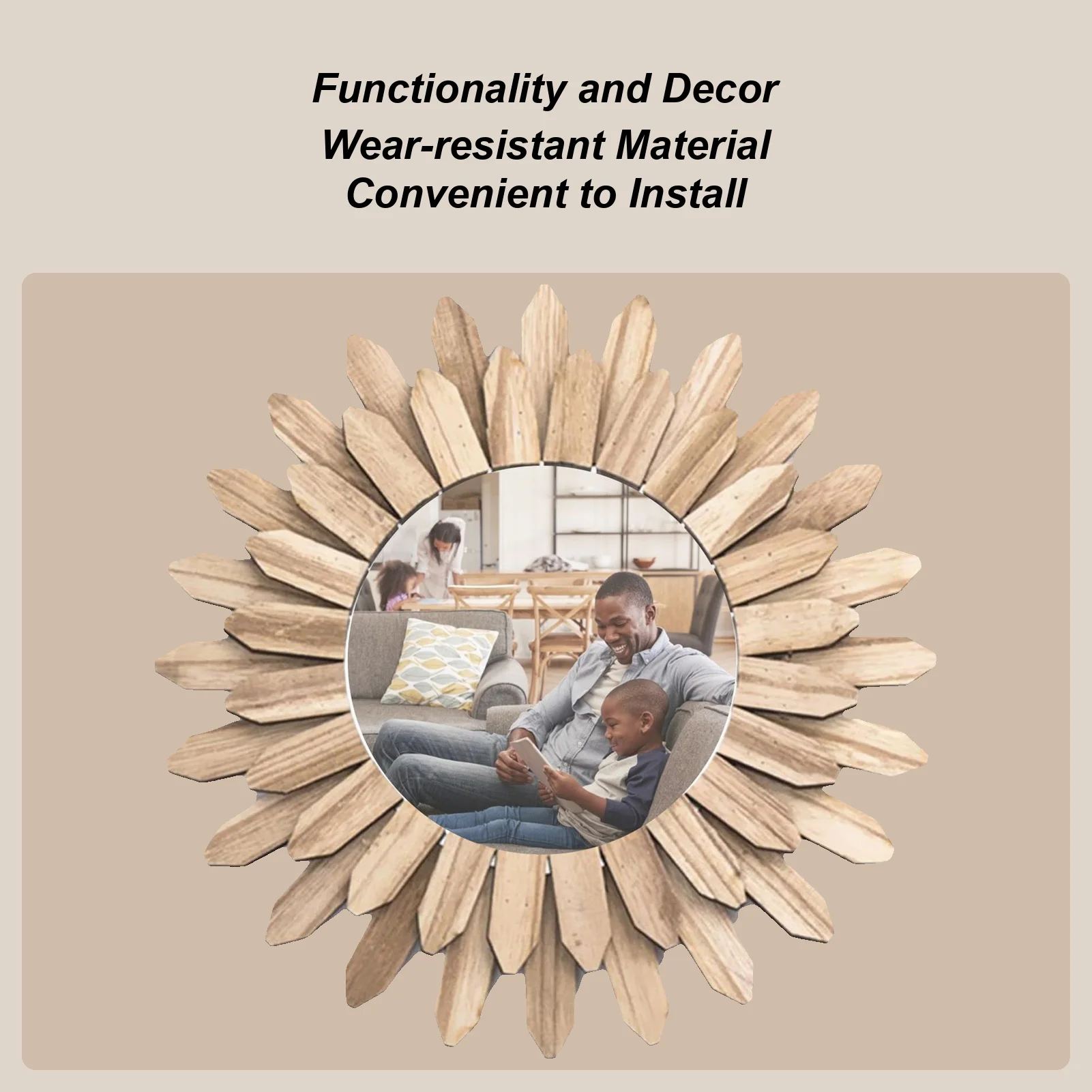 Wooden Mirror for Wall Round Wall Decor Decorative Sunflower Hangable Wooden Mirror for Dining Bathroom Living Room Hallway