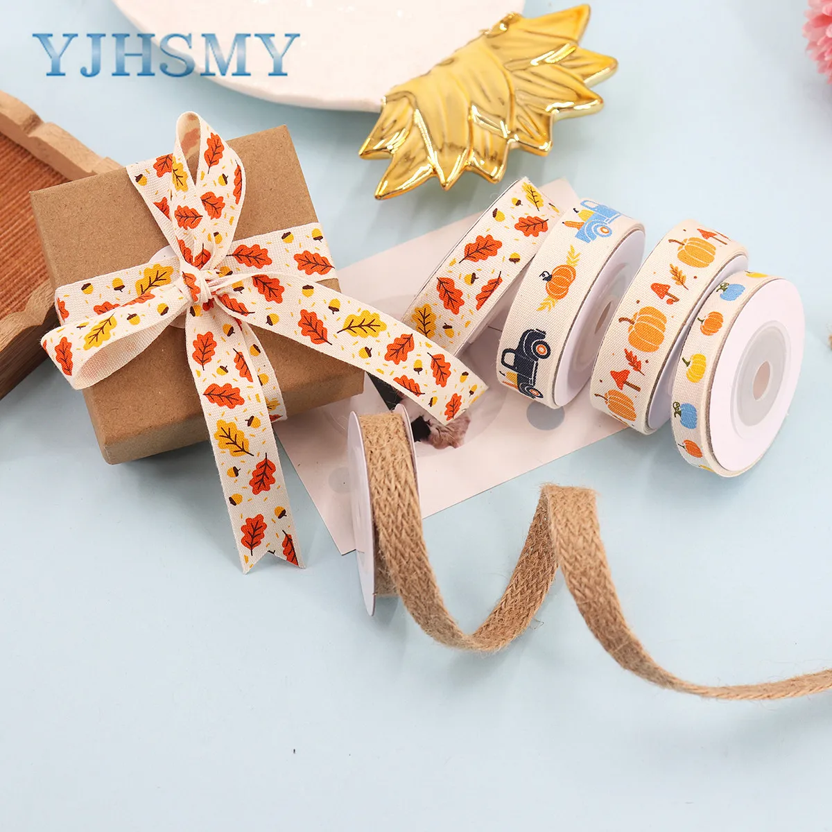 Thanksgiving Day Cotton Ribbon, Maple Leave, Pumpkin, Truck, Craft Ribbons for Autumn Thanksgiving DIY Craft Party Decoration