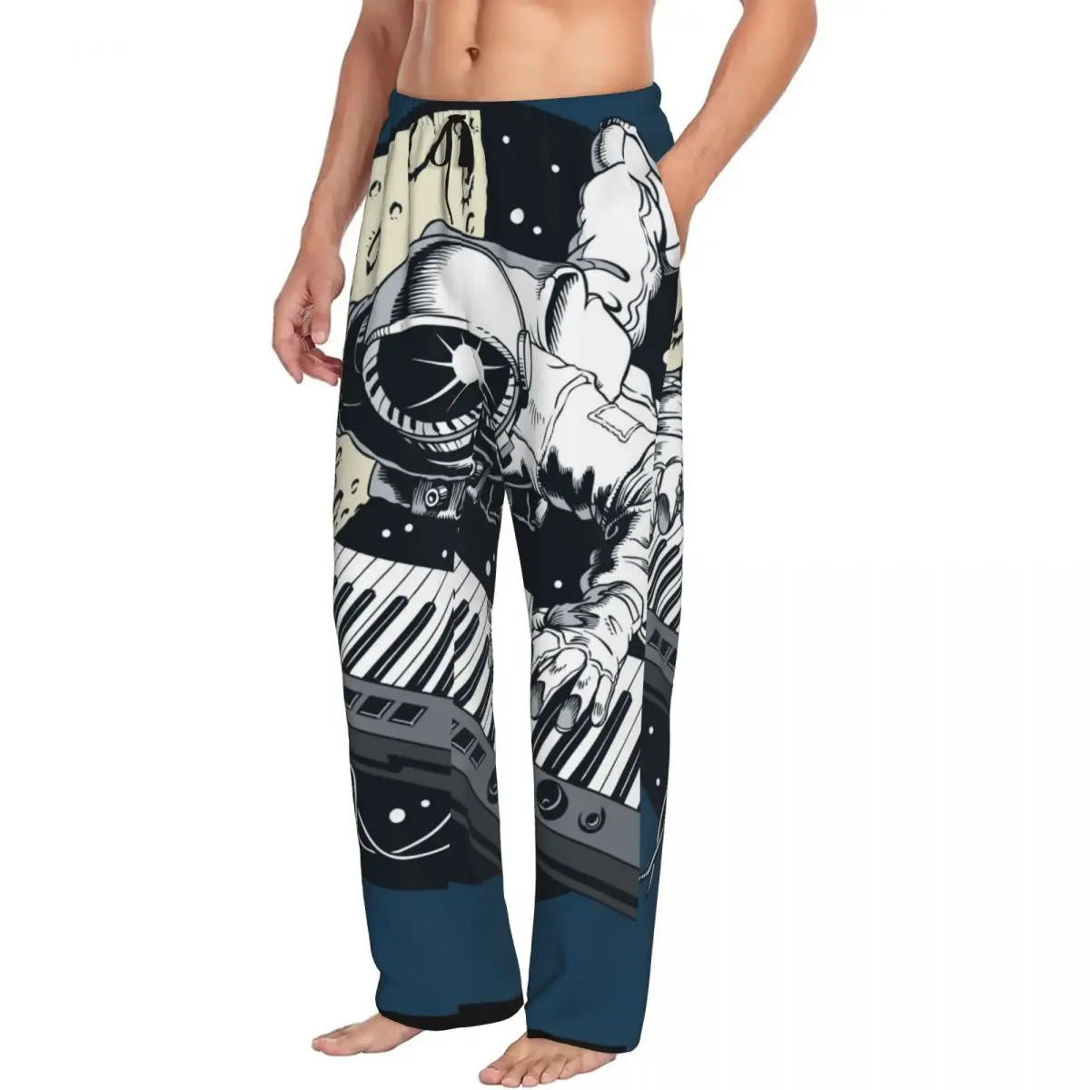 Custom Printed Men's Pajama Pants Funny Astronaut Playing Piano Synthesizer In Space Sleepwear Sleep Lounge Bottoms with Pockets