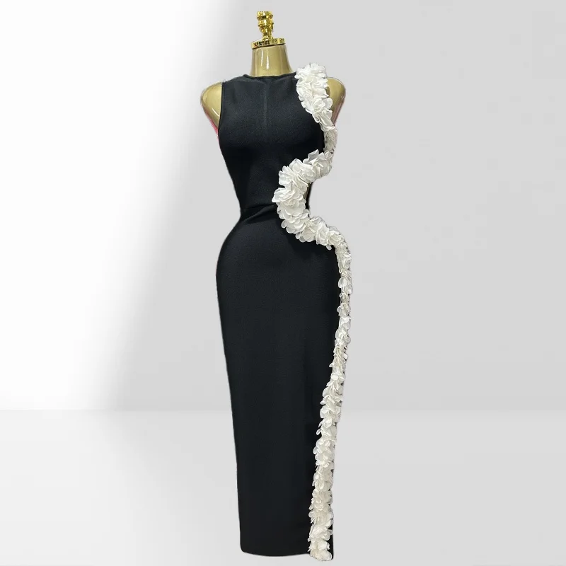 

White Petal Edge Hollow Out Sleeveless Sheath Black Bandage Ankle Lengh Dress Woman Party Vestido Celebrity Cocktail Outfit