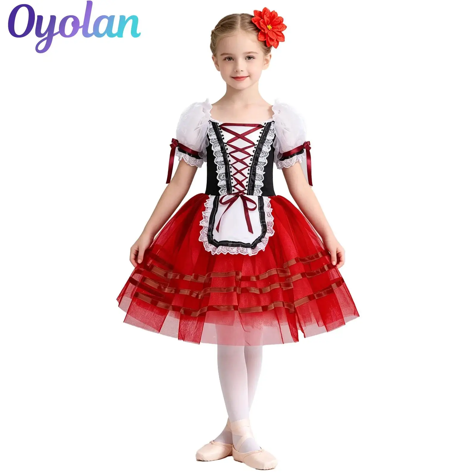 

Kids Girls Puff Sleeve Ballet Tutu Dresses Performance Costume Lace Trim Lace-up Velvet Patchwork Bodice Layered Dress Dancewear