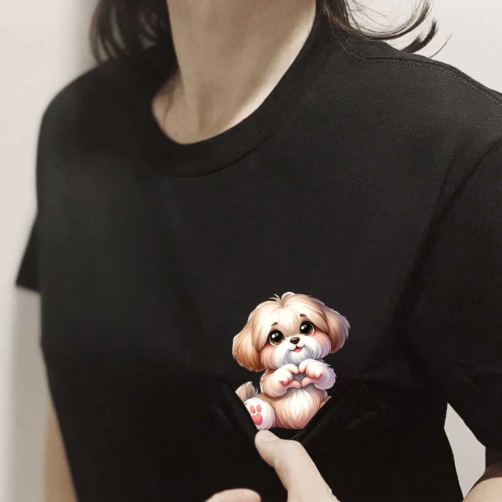 CLOOCL Shih Tzu Cotton T-Shirts Cute Dogs Hand Heart Gesture Printed Pocket T-shirt Women Short Sleeve Shirts Hip Pop Tops