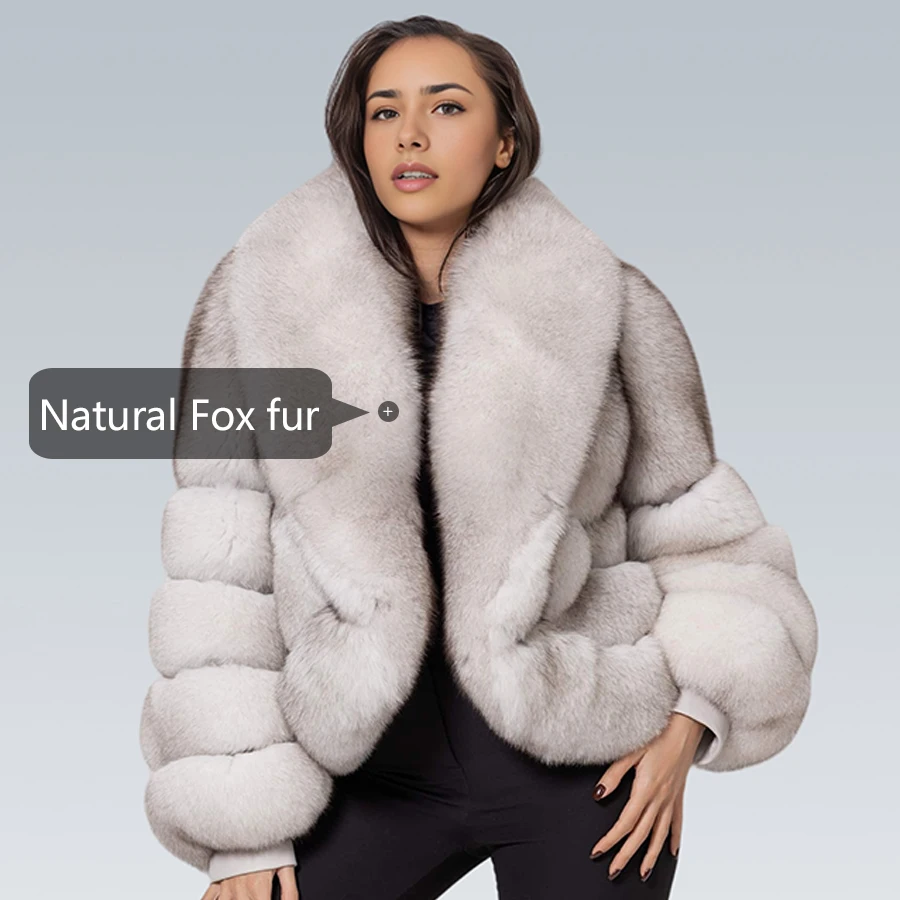 سترة من فراء الثعلب الطبيعي مع ياقة كبيرة معطف فرو الثعلب الأبيض المقصوص سترة منفوخة سترة جلدية نسائية فاخرة