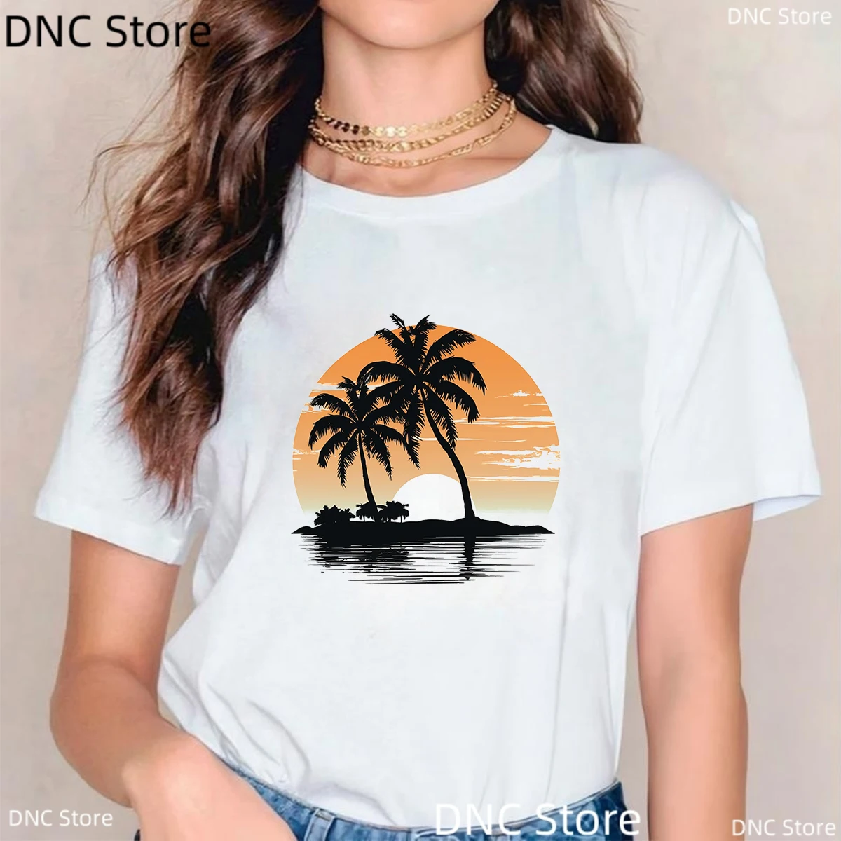 Tropical Palm Tree Print T-Shirts Beach Party Coconut Tree Pattern Women T Shirt Fashion Hawaiian Style Tshirt Women'S White Top