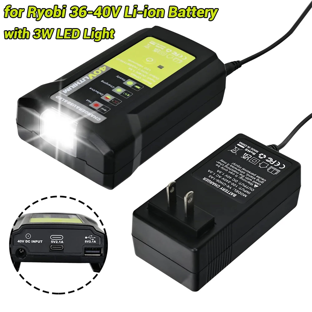 Adaptador de Bateria para Ryobi Bateria de Lítio com Lâmpada Led 3w Carregador de Telefone Usb tipo c Plug ue e Eua Ferramenta de Carga 3640v