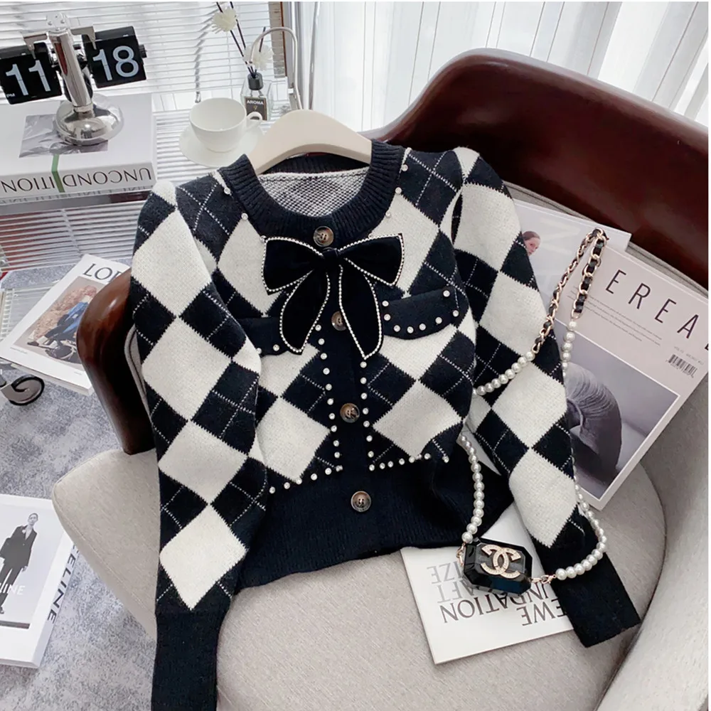 Knitted Thicken Sweater Cardigan Women 2023 Winter Bowtie Elegant Vintage Stylish Fashion Coat Jacket Long Sleeve Jumpers