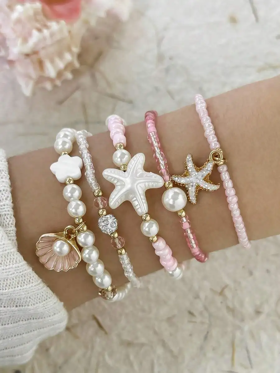 

13pcs Fashion Beaded Bracelet Set With Star Shell Pearl Charms For Women