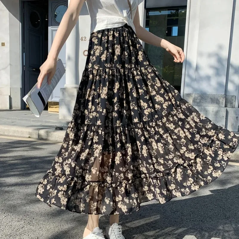 Women Floral Print Chiffon Tiered Midi Skirt High Waist Flowy Big Swing Cake Skirt Daily Summer Skirt S-XL