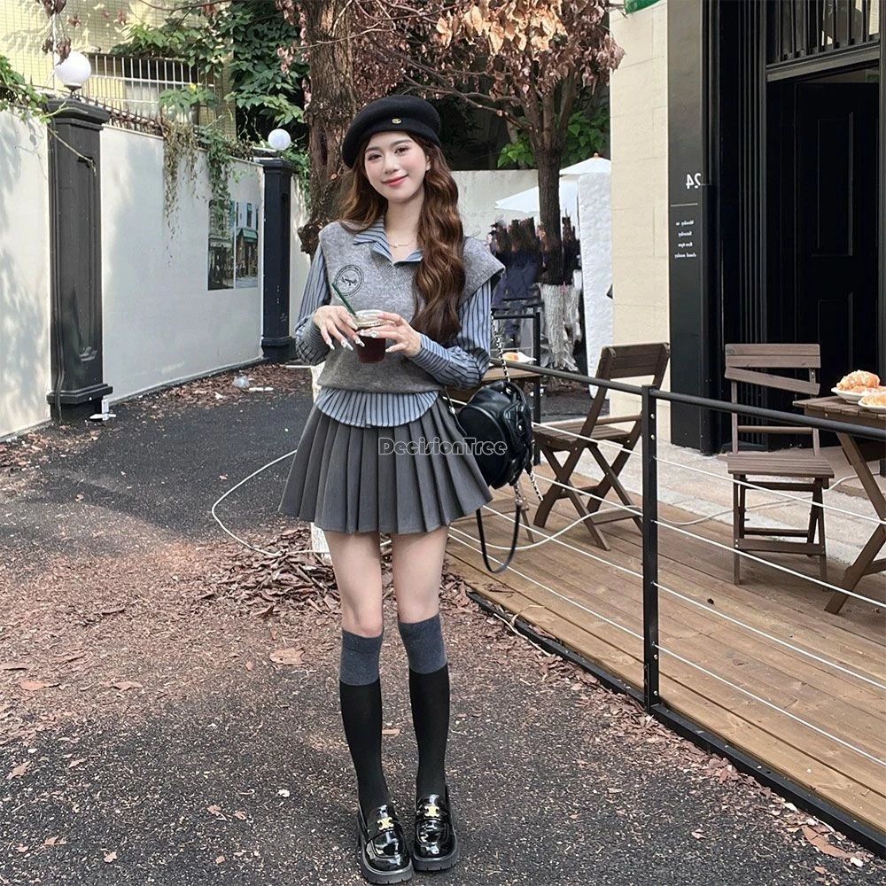 2025 academy style school uniform 3-piece set all match knitting vest fashionable striped shirt high waist sexy pleated skirt